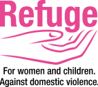 The Refuge logo, with the name of Refuge held in a hand, and underneath, the slogan 'For women and children. Against domestic violence'